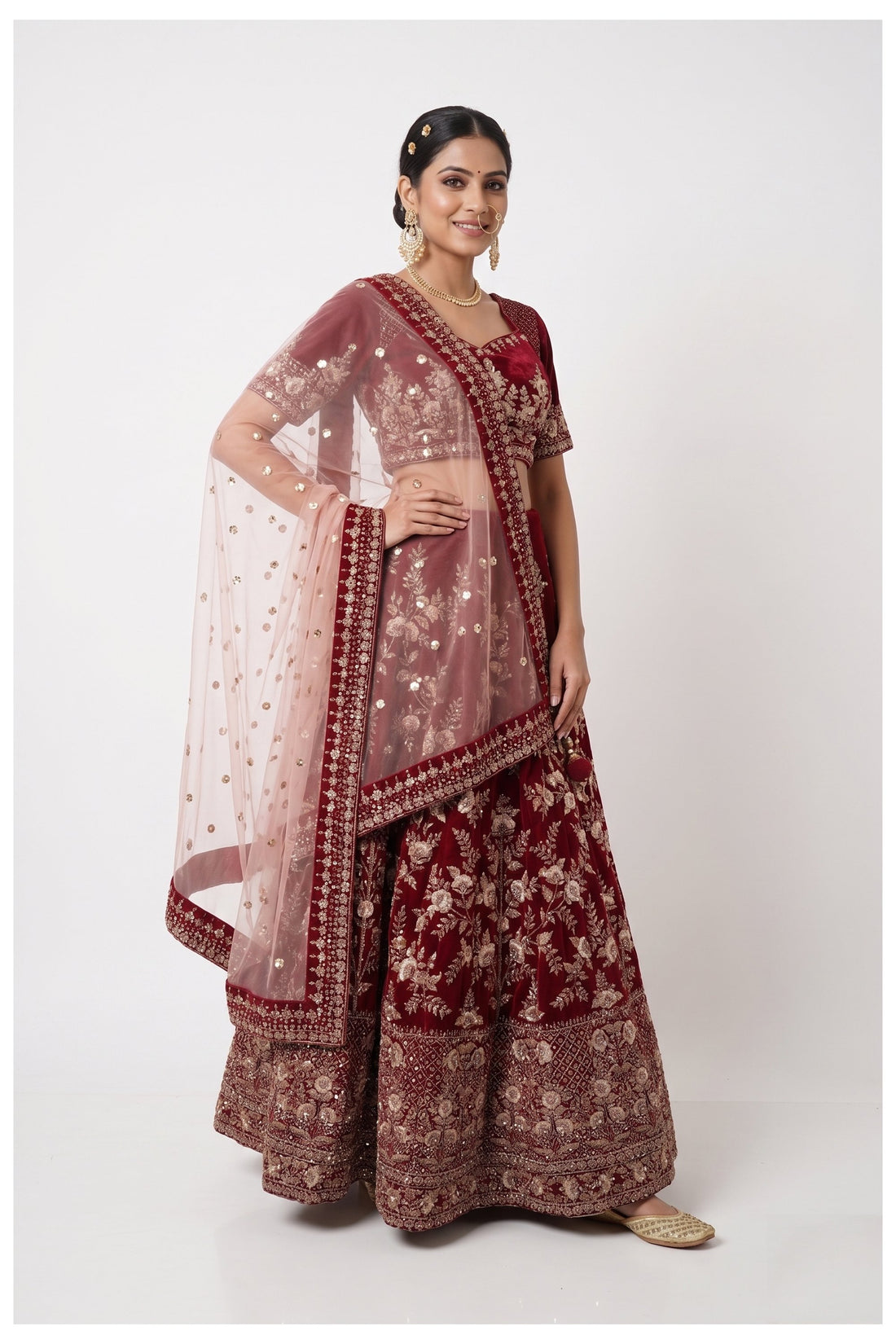 Maroon Velvet Bridal Lehenga Choli With Embroidered Net Dupatta