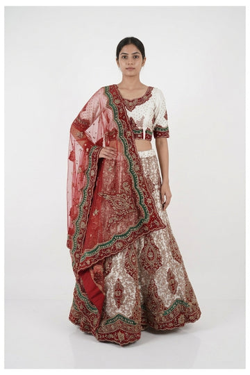 Ivory And Red Embroidered Lehenga Choli With Net Dupatta