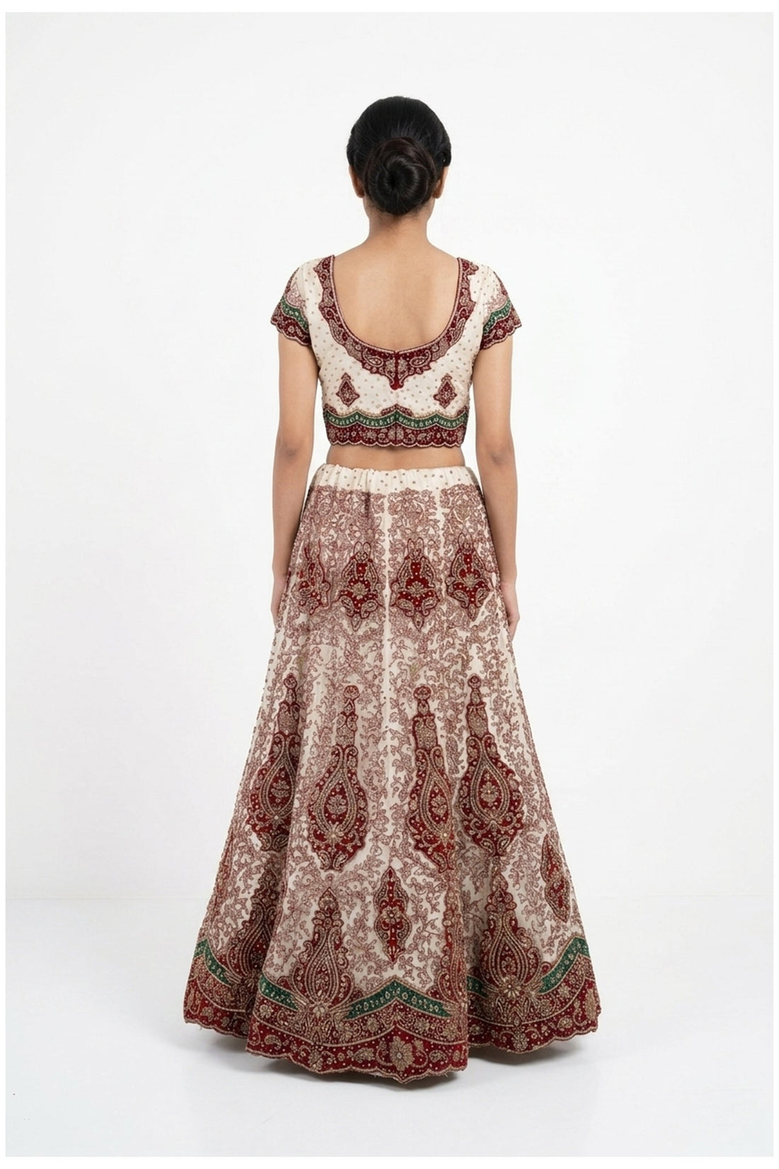 Ivory And Red Embroidered Lehenga Choli With Net Dupatta