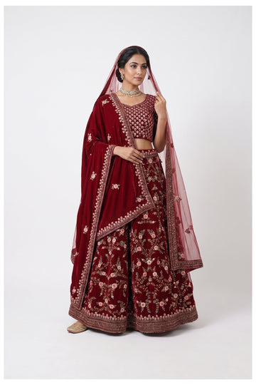 Wine Red Embroidered Bridal Lehenga Choli With Net Dupatta