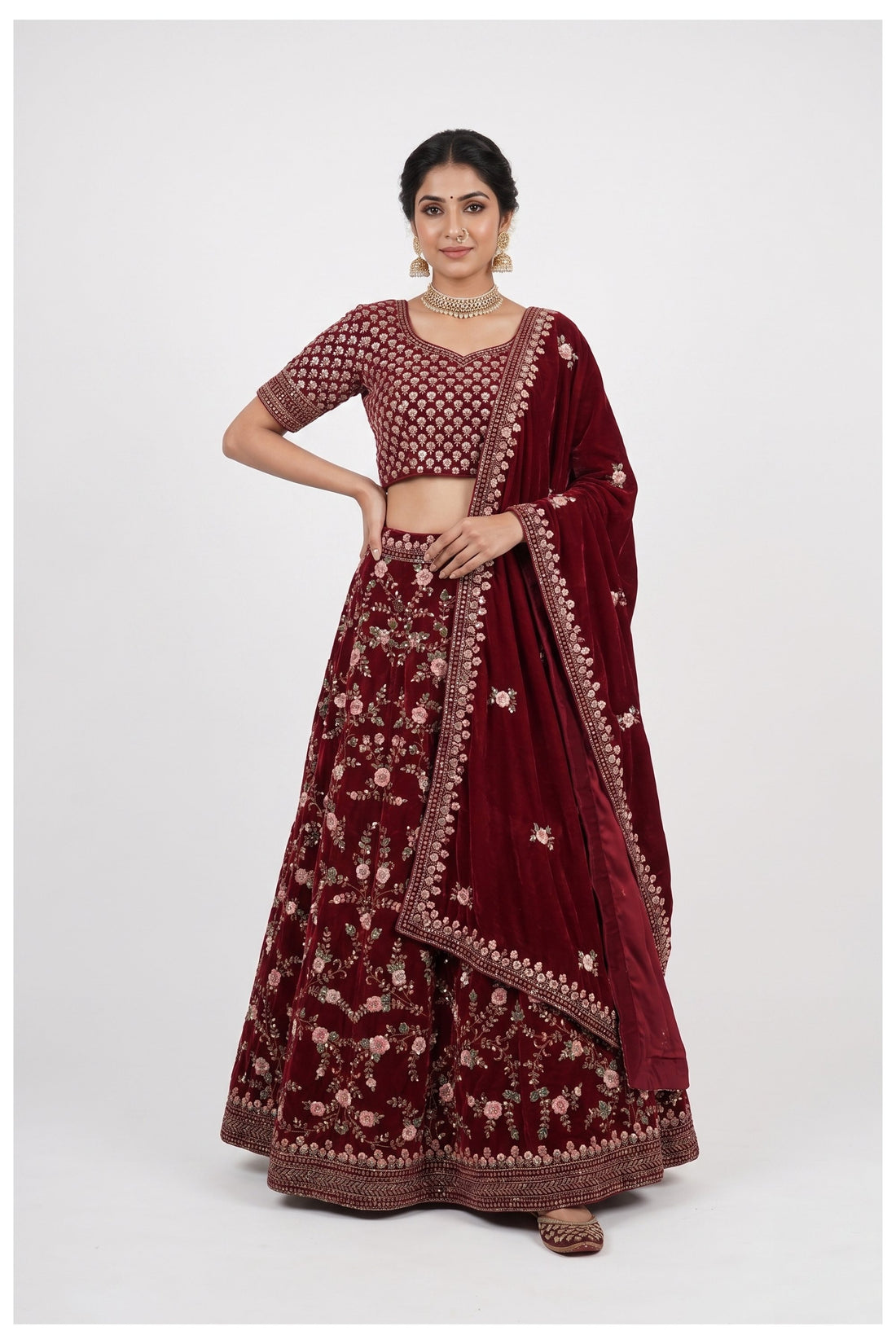 Wine Red Embroidered Bridal Lehenga Choli With Net Dupatta