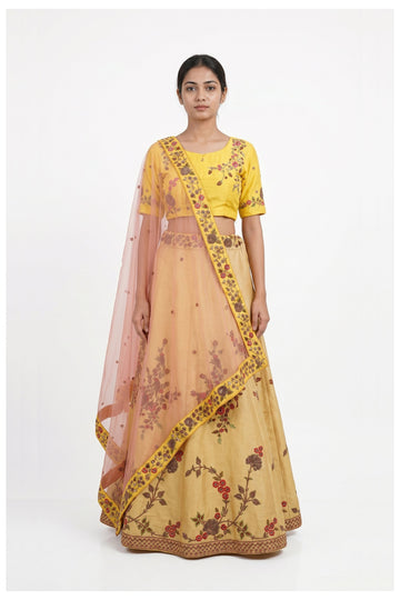 Sunshine Yellow Floral Embroidered Lehenga Choli With Net Dupatta