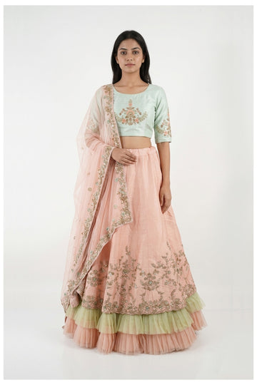 Pastel Mint & Blush Embroidered Lehenga Choli With Net Dupatta
