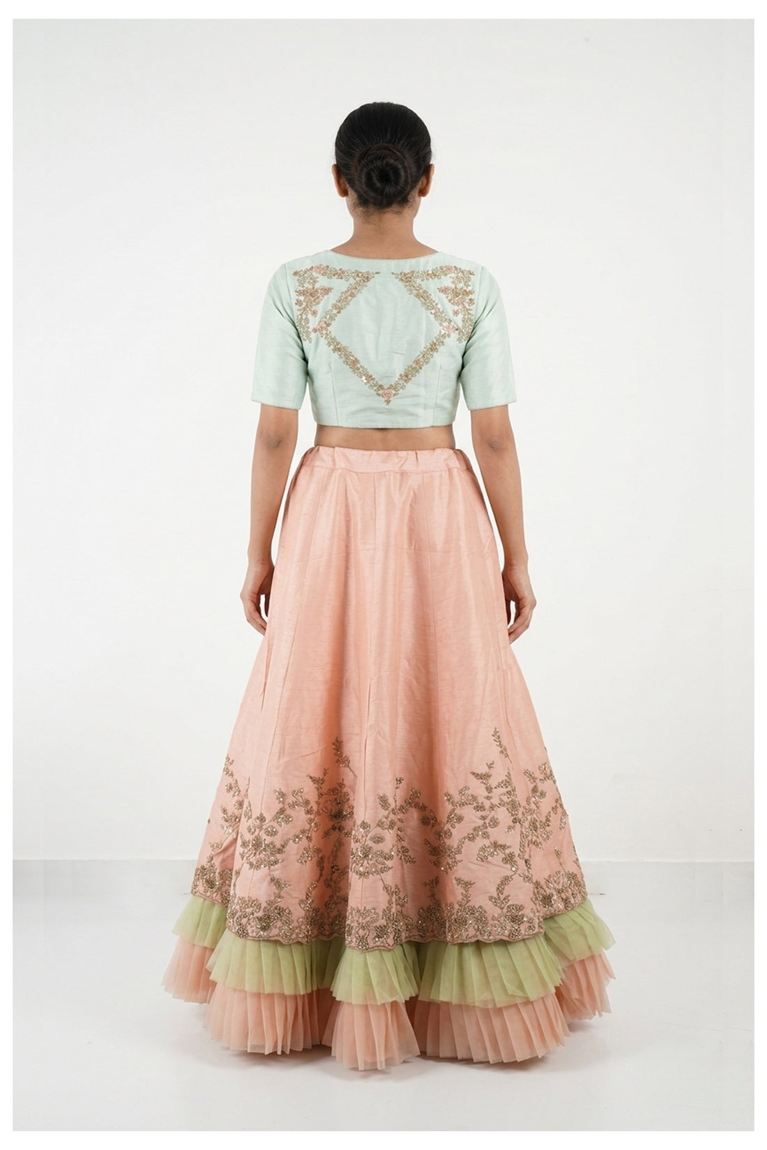 Pastel Mint & Blush Embroidered Lehenga Choli With Net Dupatta