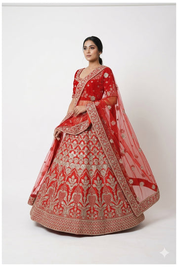 Scarlet Red Embroidered Bridal Lehenga Choli With Net Dupatta