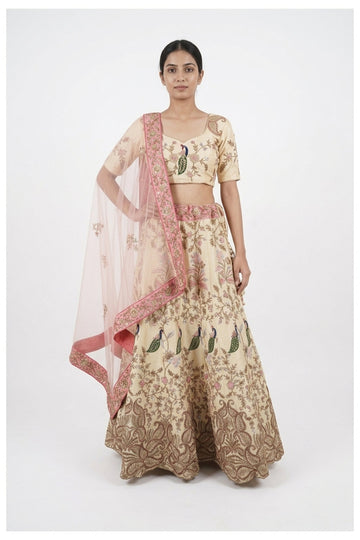 Cream Floral & Peacock Embroidered Lehenga Choli With Net Dupatta