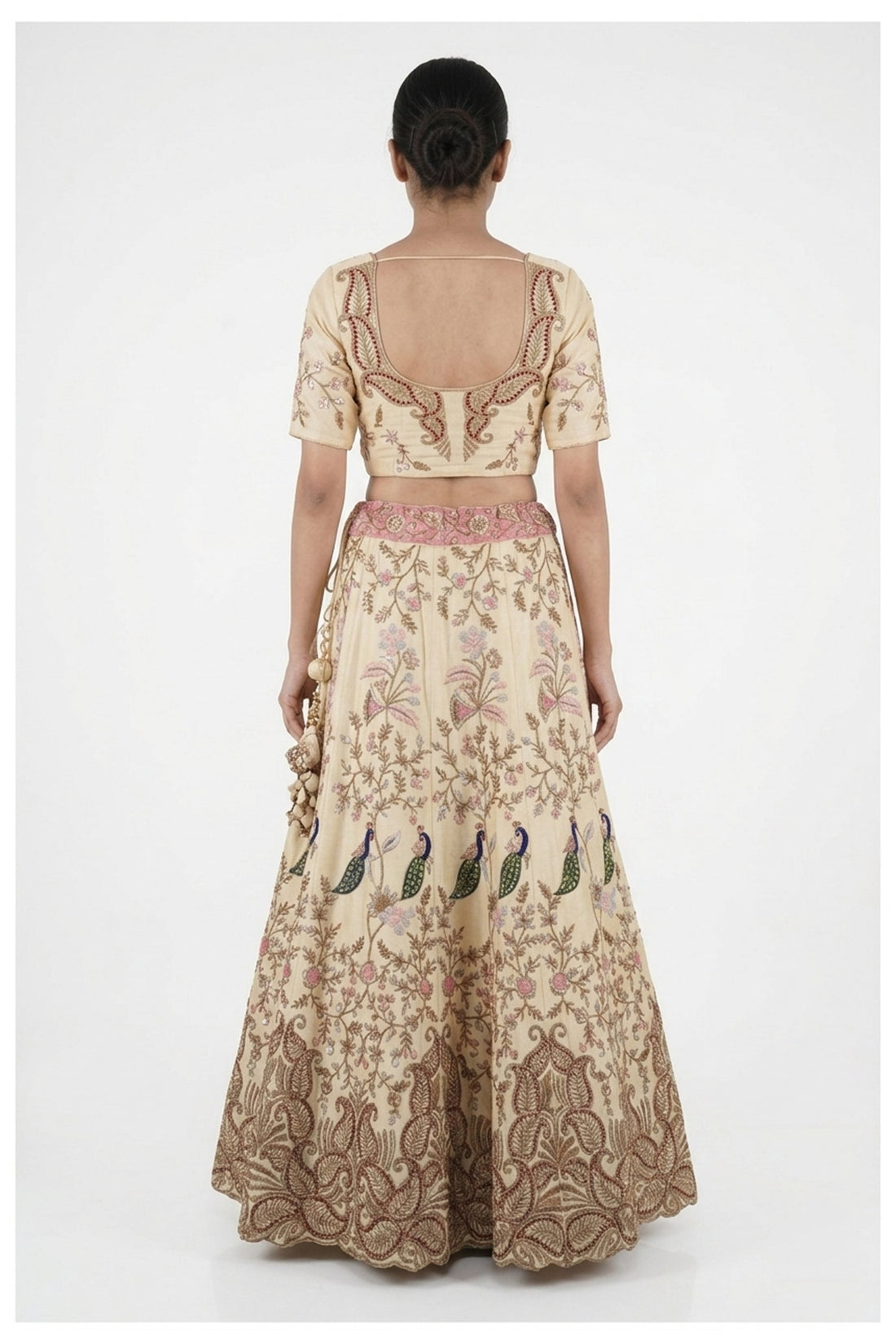 Cream Floral & Peacock Embroidered Lehenga Choli With Net Dupatta