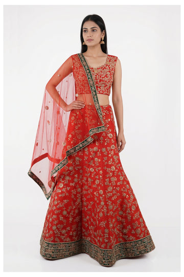 Red Embroidered Lehenga Choli With Net Dupatta