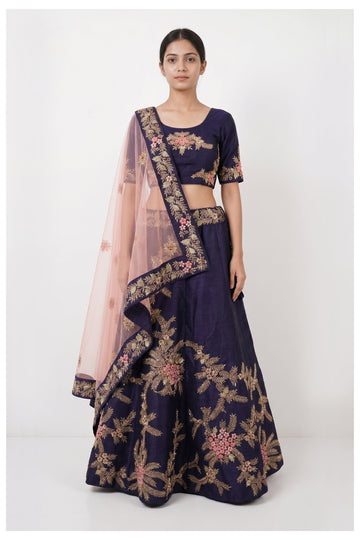 Navy Blue Embroidered Lehenga Choli With Net Dupatta
