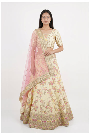 Ivory Floral Embroidered Lehenga Choli With Pink Net Dupatta