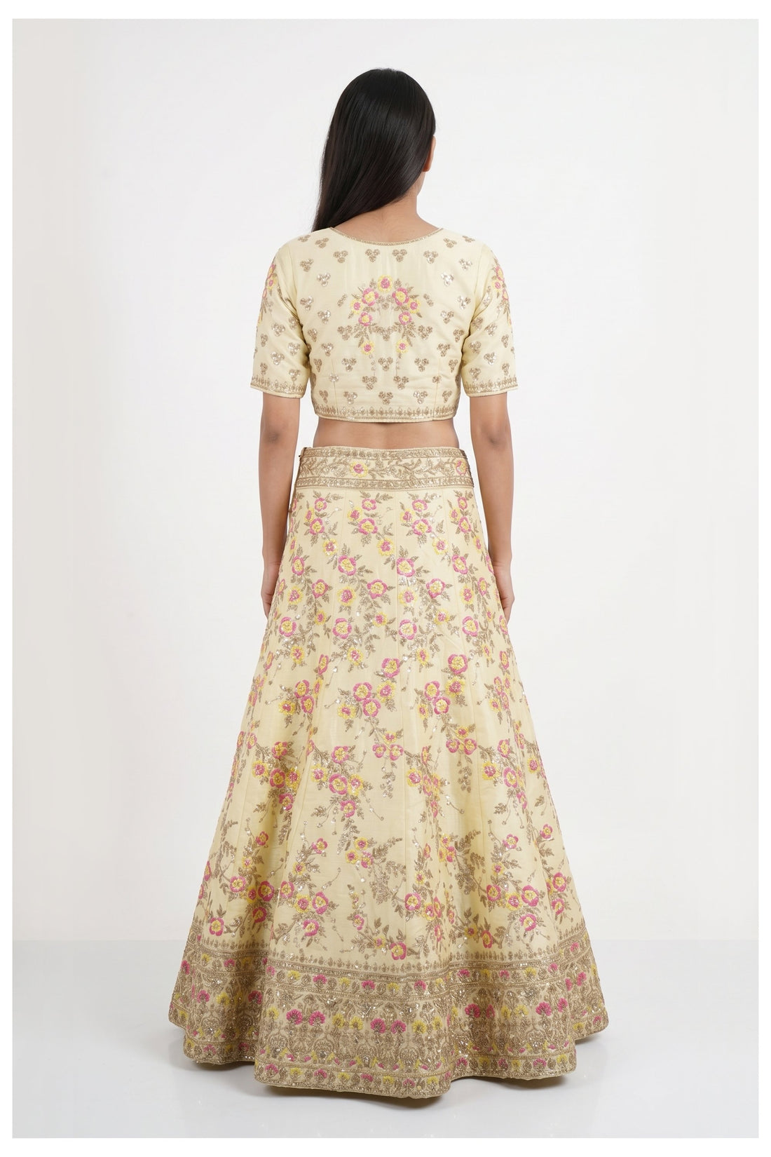 Ivory Floral Embroidered Lehenga Choli With Pink Net Dupatta