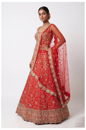Coral Red Embroidered Bridal Lehenga Choli With Net Dupatta