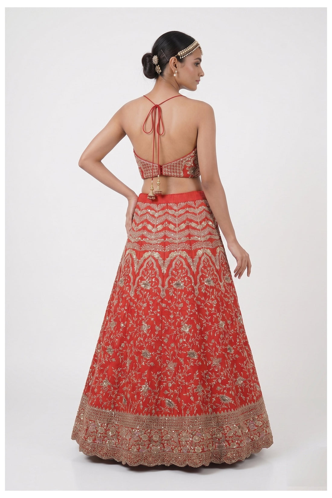 Coral Red Embroidered Bridal Lehenga Choli With Net Dupatta