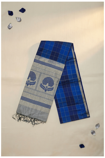 Premium Blue Pure Silk Checked Saree With Silver Zari Peacock Border