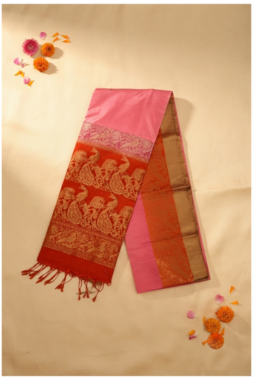 Premium Pure Silk Coral Pink Saree With Antique Gold Peacock Zari Border