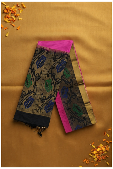 Premium Pure Silk Rani Pink Saree With Antique Gold Leaf Border Weaving