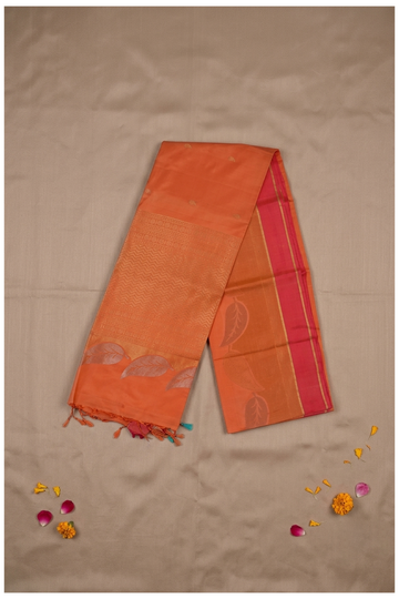 Premium Pure Silk Orange Saree With Leaf Zari Border Weaving