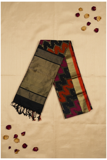 Premium Pure Silk Black Geometric Designer Saree With Antique Gold Border