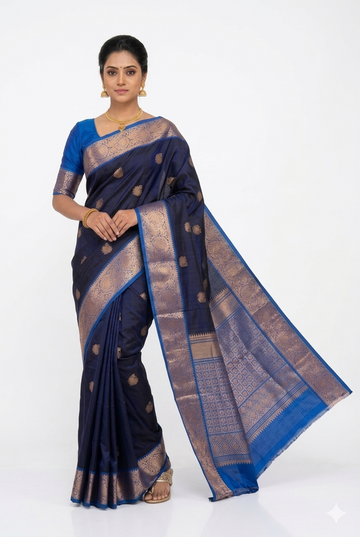 Navy Blue Pure Silk South Saree For Wedding & Party Wear