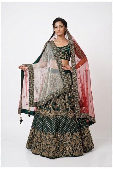 Dark Emerald Green Bridal Lehenga Choli With Embroidered Net Dupatta