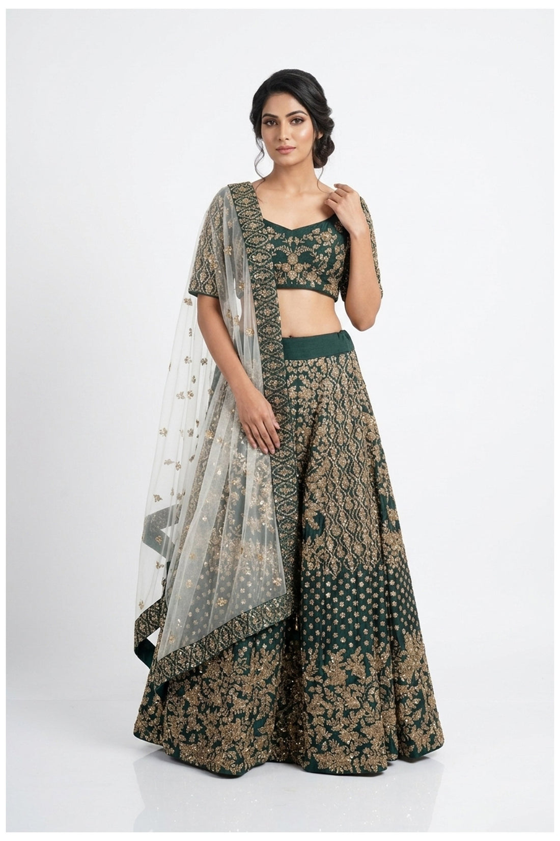 Dark Emerald Green Bridal Lehenga Choli With Embroidered Net Dupatta