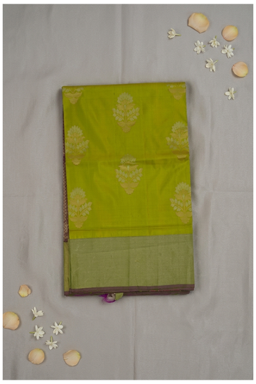 Premium Pure Silk Lime Green Saree With Antique Gold Zari Floral Butti Border