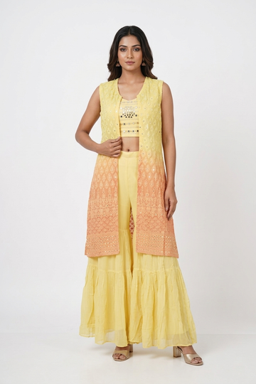 Yellow Ombre Embroidered Jacket Sharara Set with Mirror Work Blouse