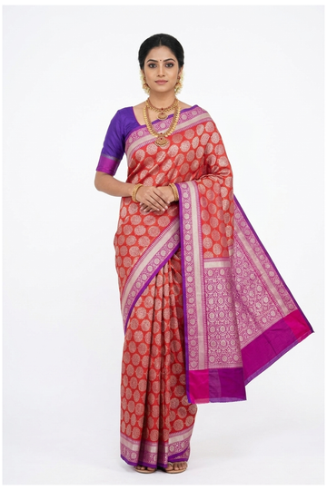 Coral Pink Banarasi Pure Silk Saree With Gold Zari Polka Butta Weaving