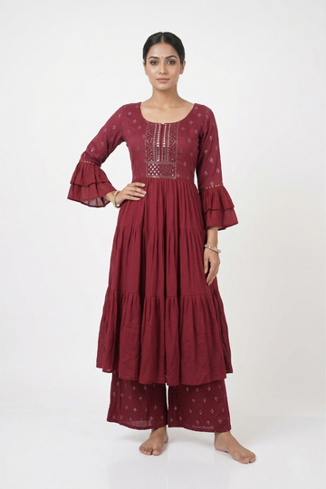 Ruby Red Tiered Anarkali Set With Embroidered Yoke