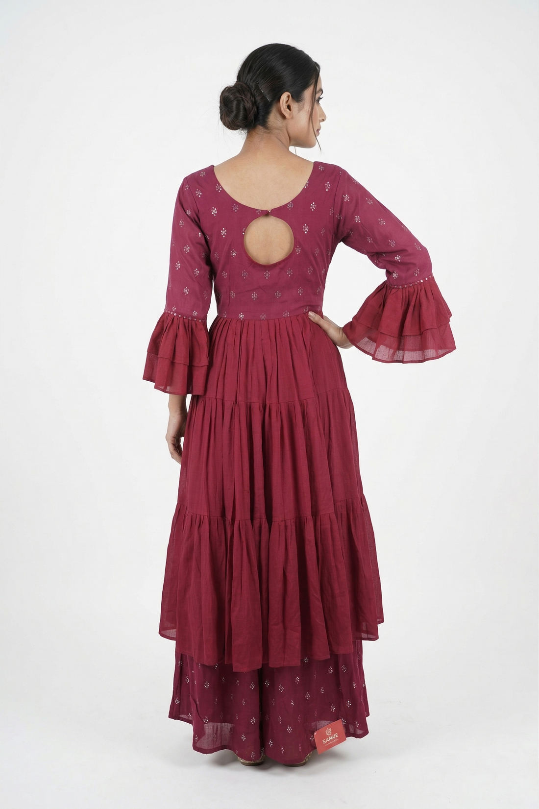 Ruby Red Tiered Anarkali Set With Embroidered Yoke