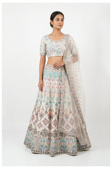 Ivory Multi-Color Handwork Embroidered Designer Lehenga Choli With Net Dupatta