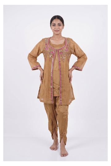 Mustard Embroidered Indo-Western Jacket Set With Dhoti Pants
