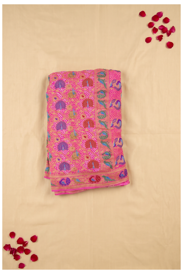 Elegant Fuchsia Pink Banarasi Bandhani Silk Saree With Meenakari Peacock Motifs