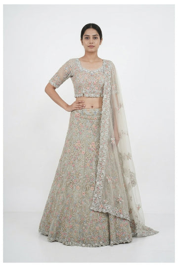Pastel Sage Green Handwork & Embroidery Unstitch Blouse Chaniya Choli