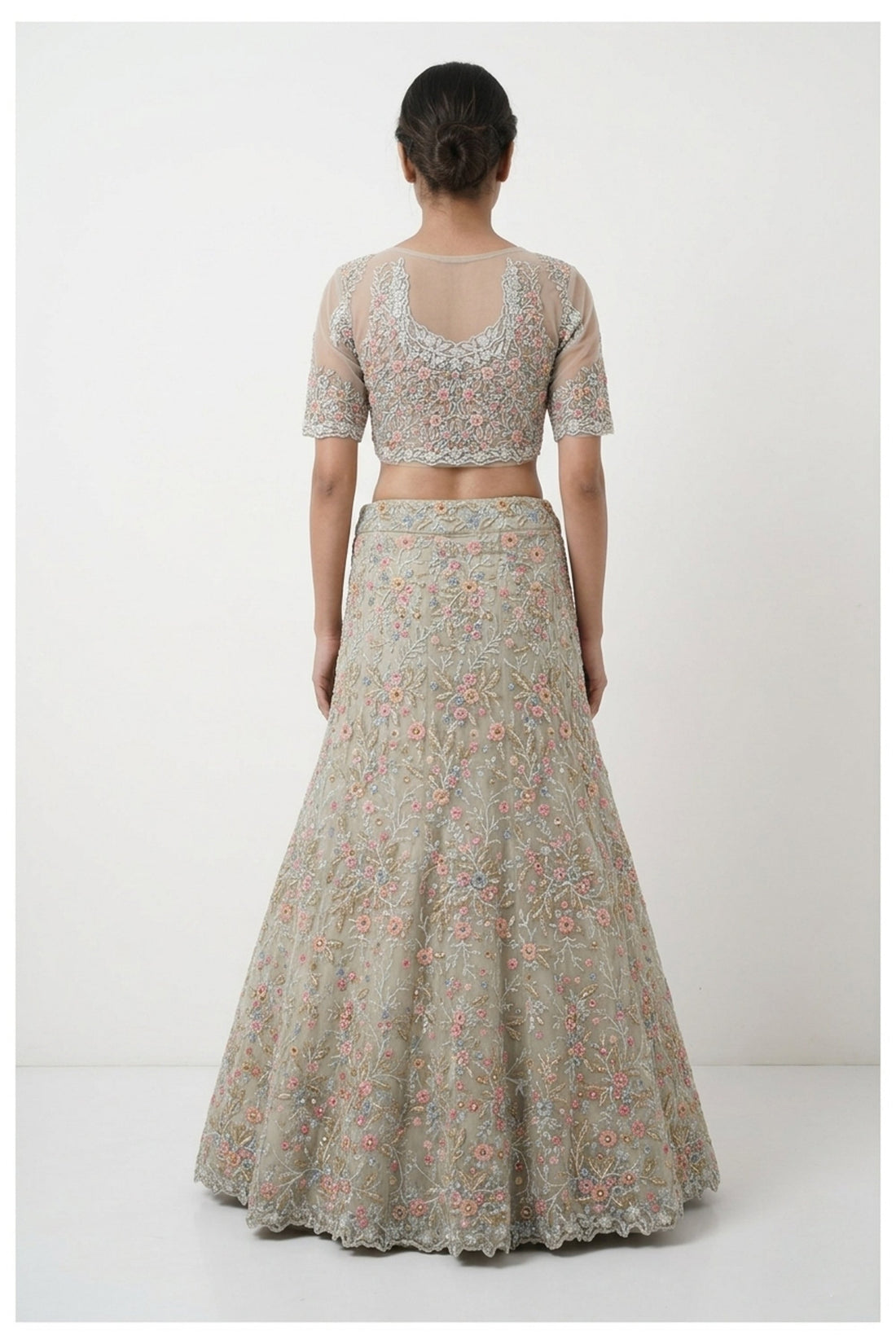 Pastel Sage Green Handwork & Embroidery Unstitch Blouse Chaniya Choli