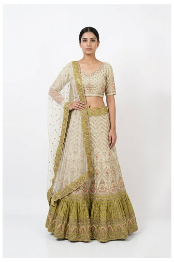 Ivory & Olive Green Embroidered Lehenga Choli With Net Dupatta