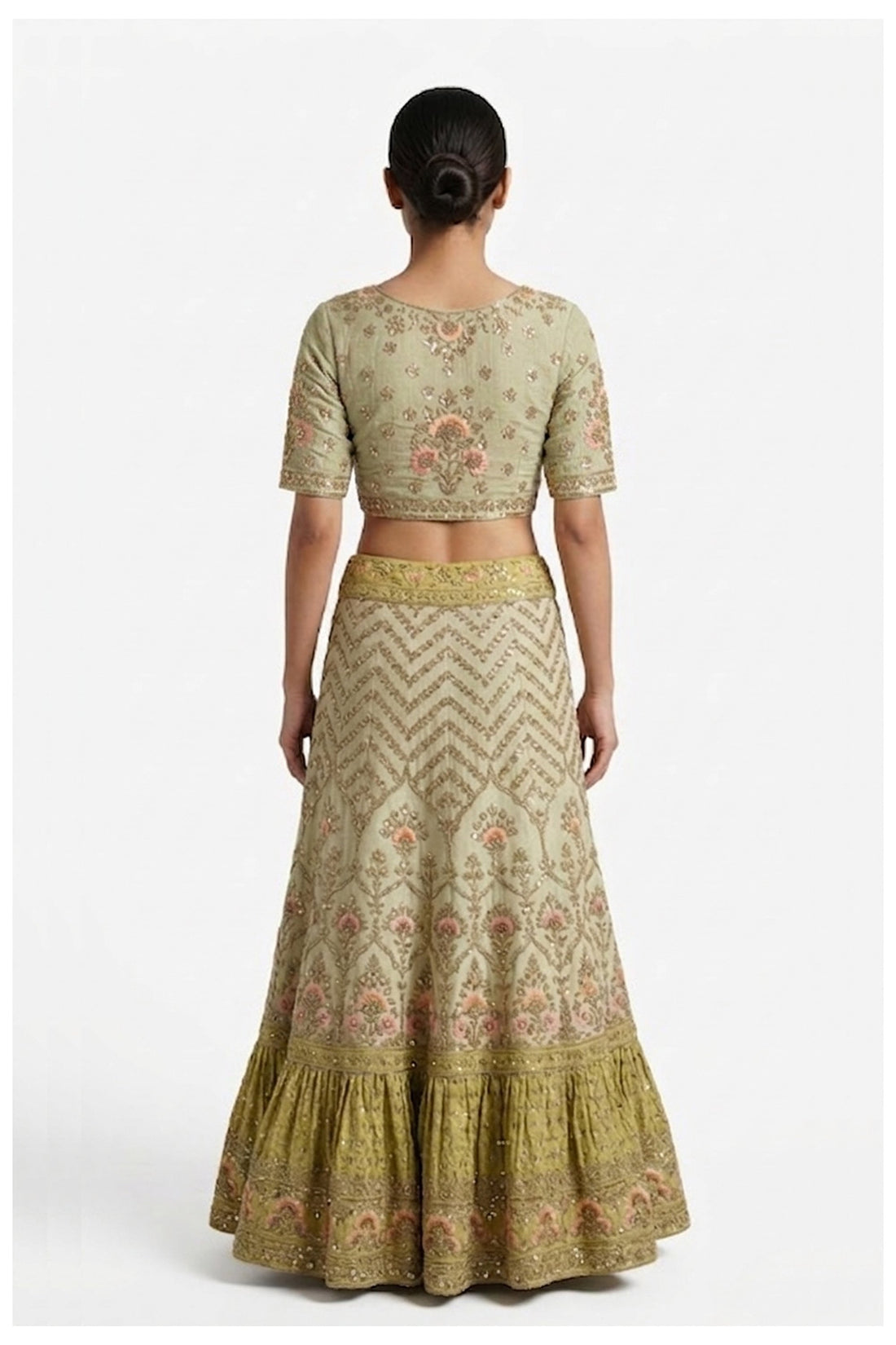 Ivory & Olive Green Embroidered Lehenga Choli With Net Dupatta
