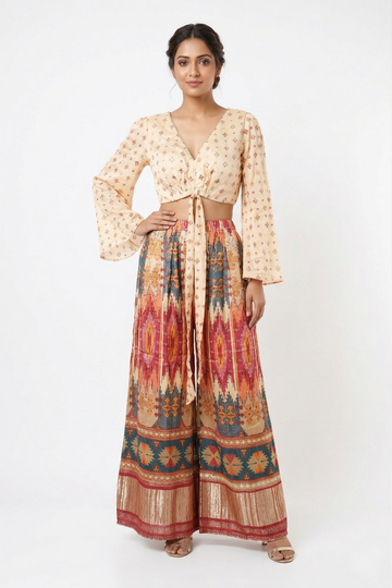 Beige Tie-Up Crop Top With Multicolor Printed Palazzo Set