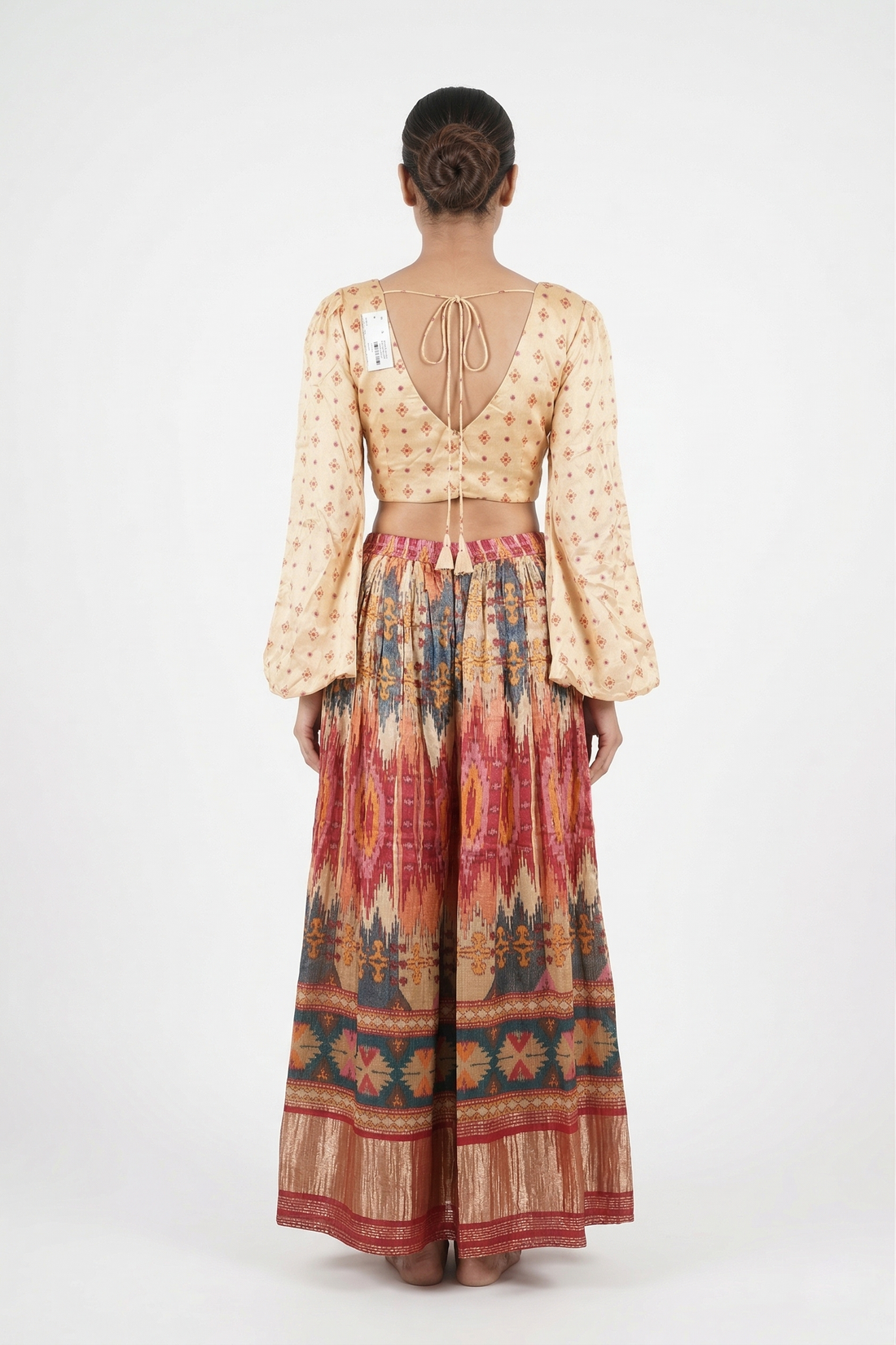 Beige Tie-Up Crop Top With Multicolor Printed Palazzo Set