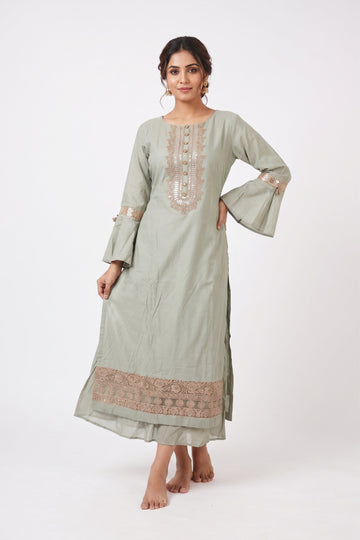 Light Sage Green Embroidered Flared Kurta Set