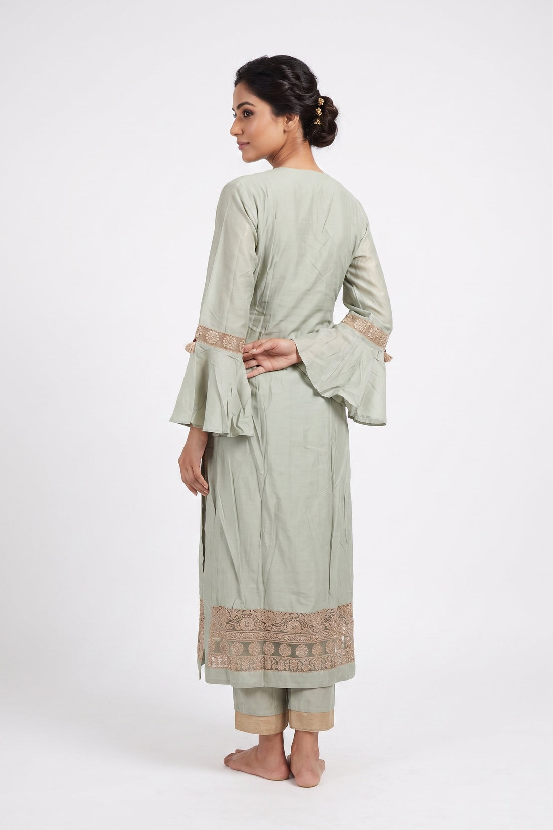 Light Sage Green Embroidered Flared Kurta Set
