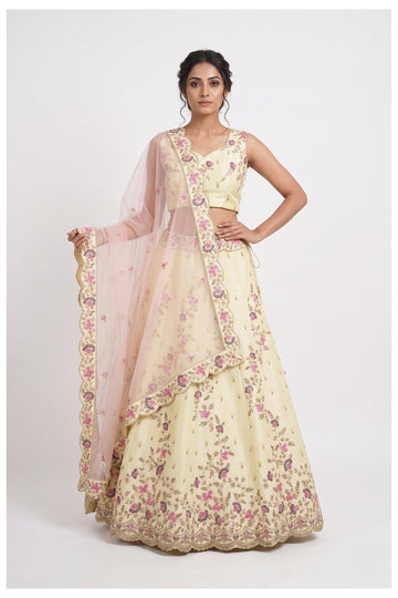 Ivory Floral Embroidered Lehenga Choli With Blush Pink Net Dupatta