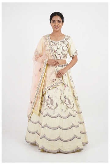 Cream Floral Embroidered Designer Lehenga Choli With Soft Net Dupatta