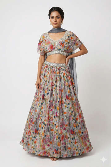 Floral Lehenga Set with Embellished Crop Top & Dupatta