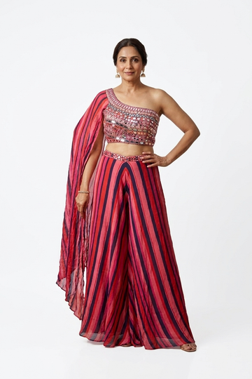 ROSY BROWN Mirror Work One-Shoulder Crop Top & Striped Palazzo Set