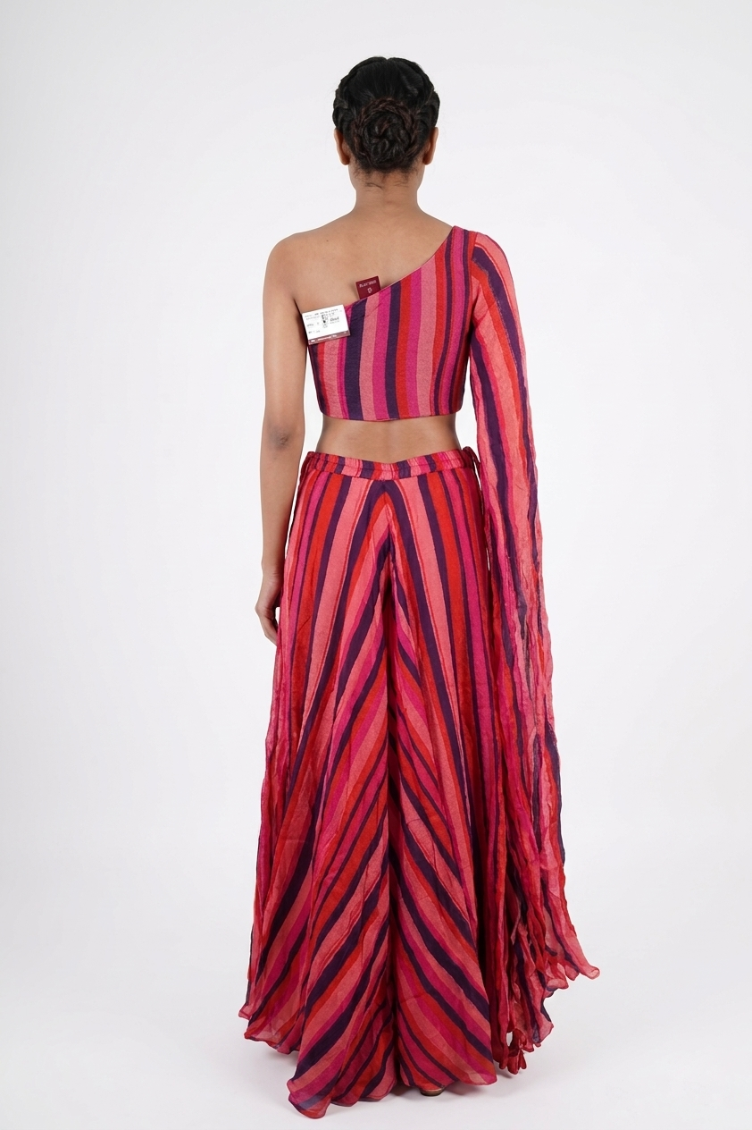ROSY BROWN Mirror Work One-Shoulder Crop Top & Striped Palazzo Set