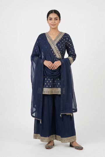 Dark Navy Blue Kurta Palazzo Set With Embroidered Dupatta