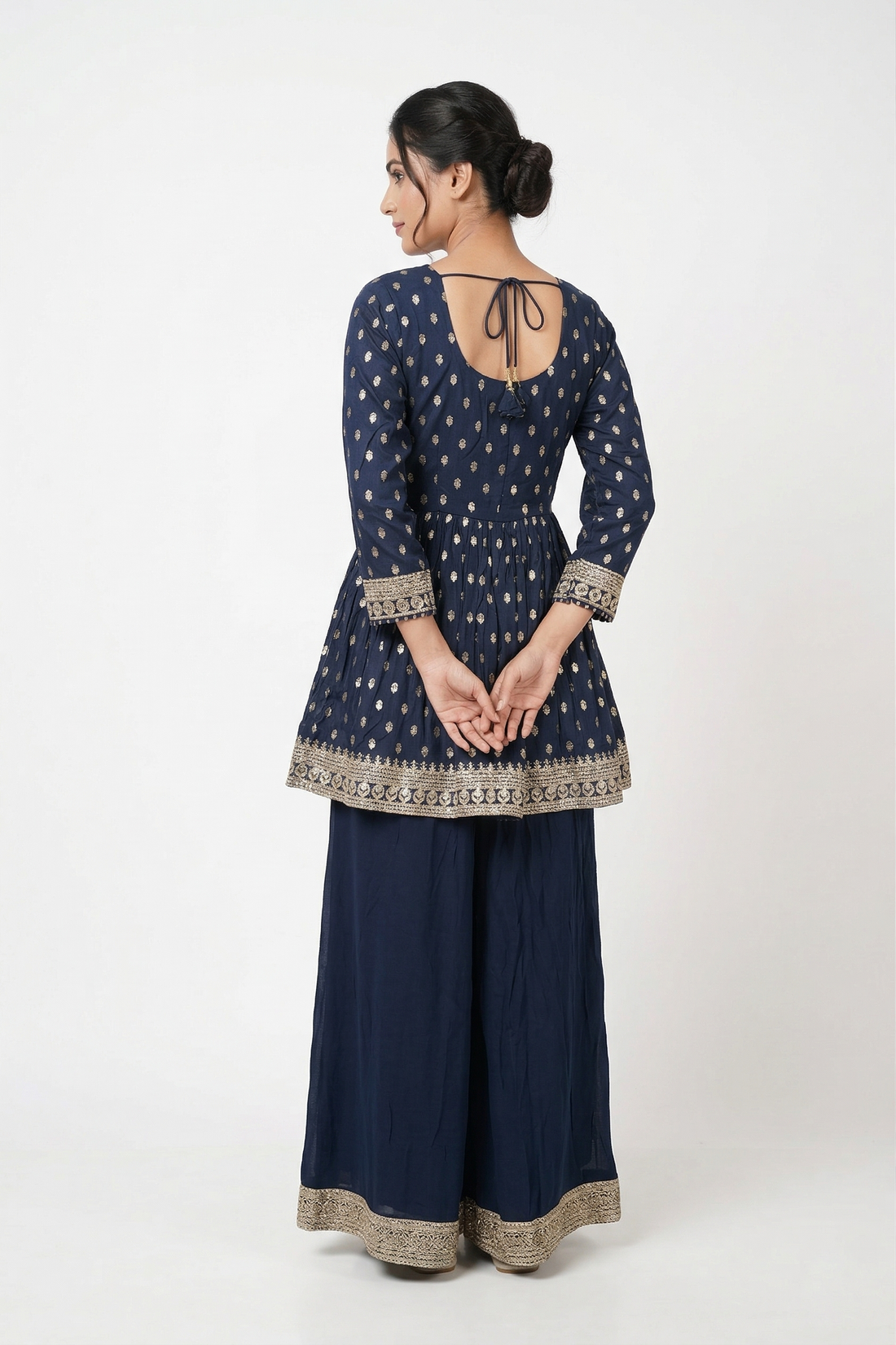 Dark Navy Blue Kurta Palazzo Set With Embroidered Dupatta