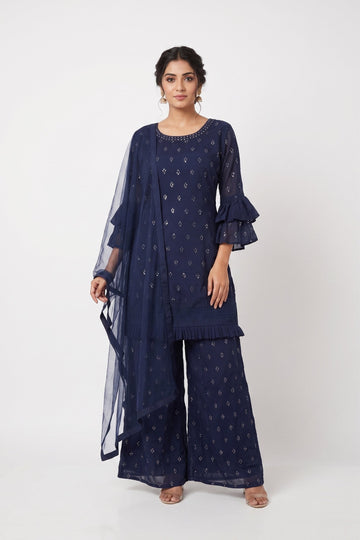 Midnight Blue Mirror Work Palazzo Suit Set