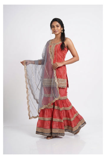 Coral Pink Sharara Set With Net Dupatta